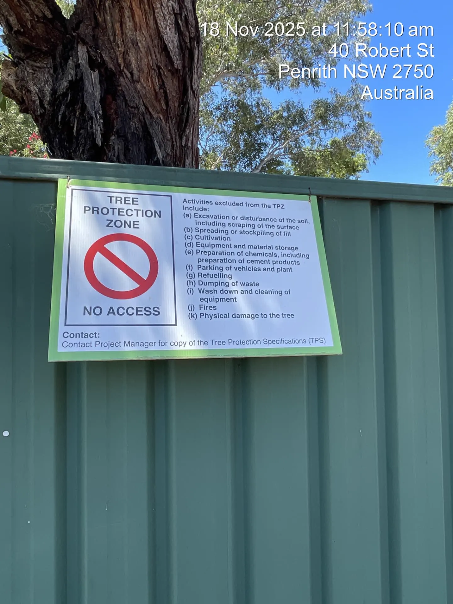 Tree protection zone no-access signage fixed to site hoarding