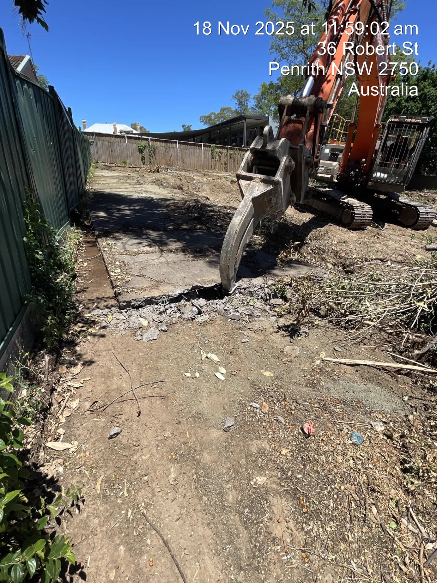 Excavator lifting concrete slab sections beside retained trees